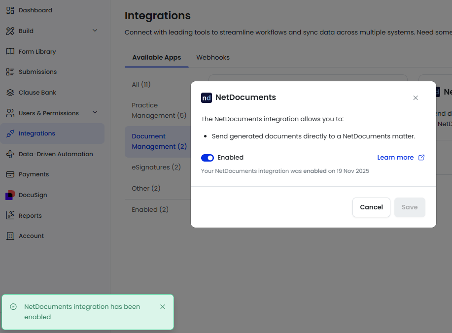 Enable NetDocuments Integration