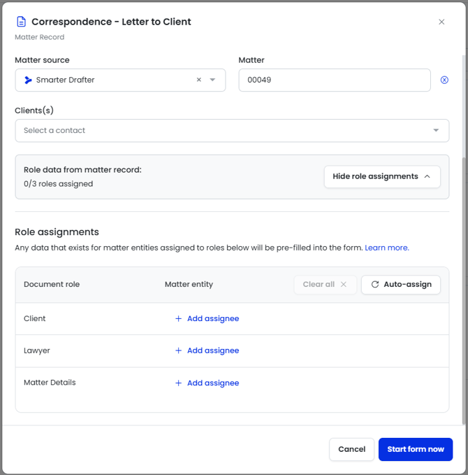 Start Form Add Matter Roles