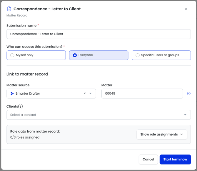 Start Form Add Matter