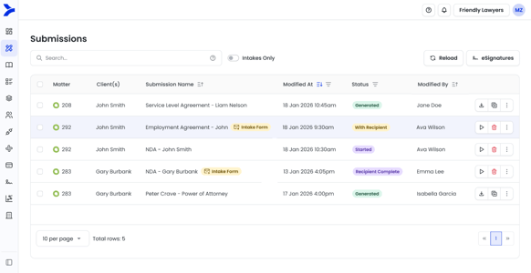 Submission page with intakes